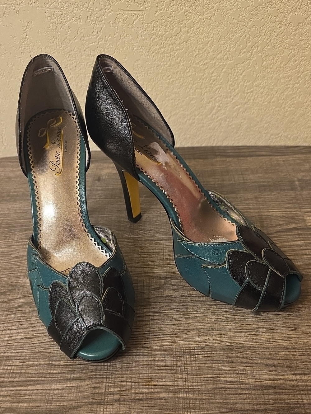 Poetic License Teal, Black & Yellow D'Orsay Peep-Toe Heels